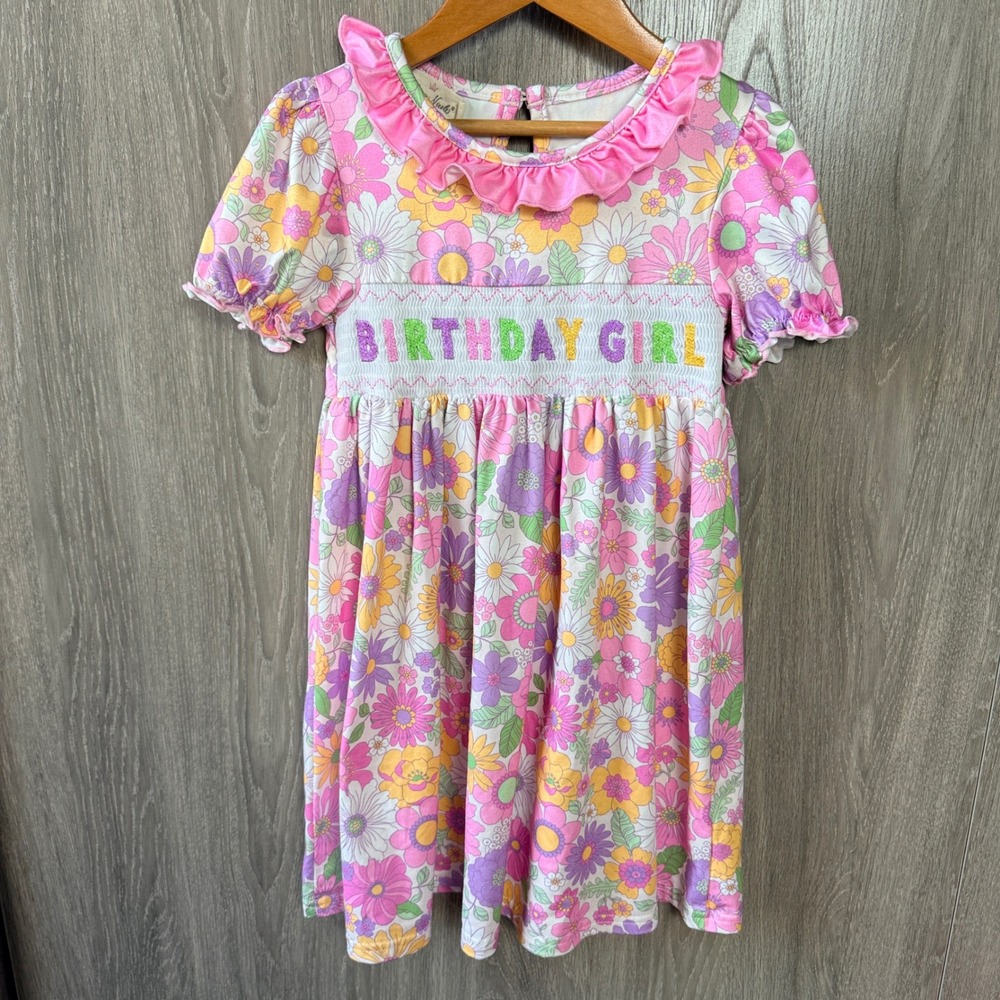 Marie Nicole Birthday Girl Dress XL (5) Pink Floral Smocked Retro Groovy Party